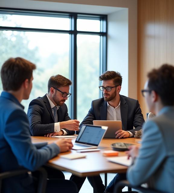 A diverse team of professionals collaborating in a modern meeting room